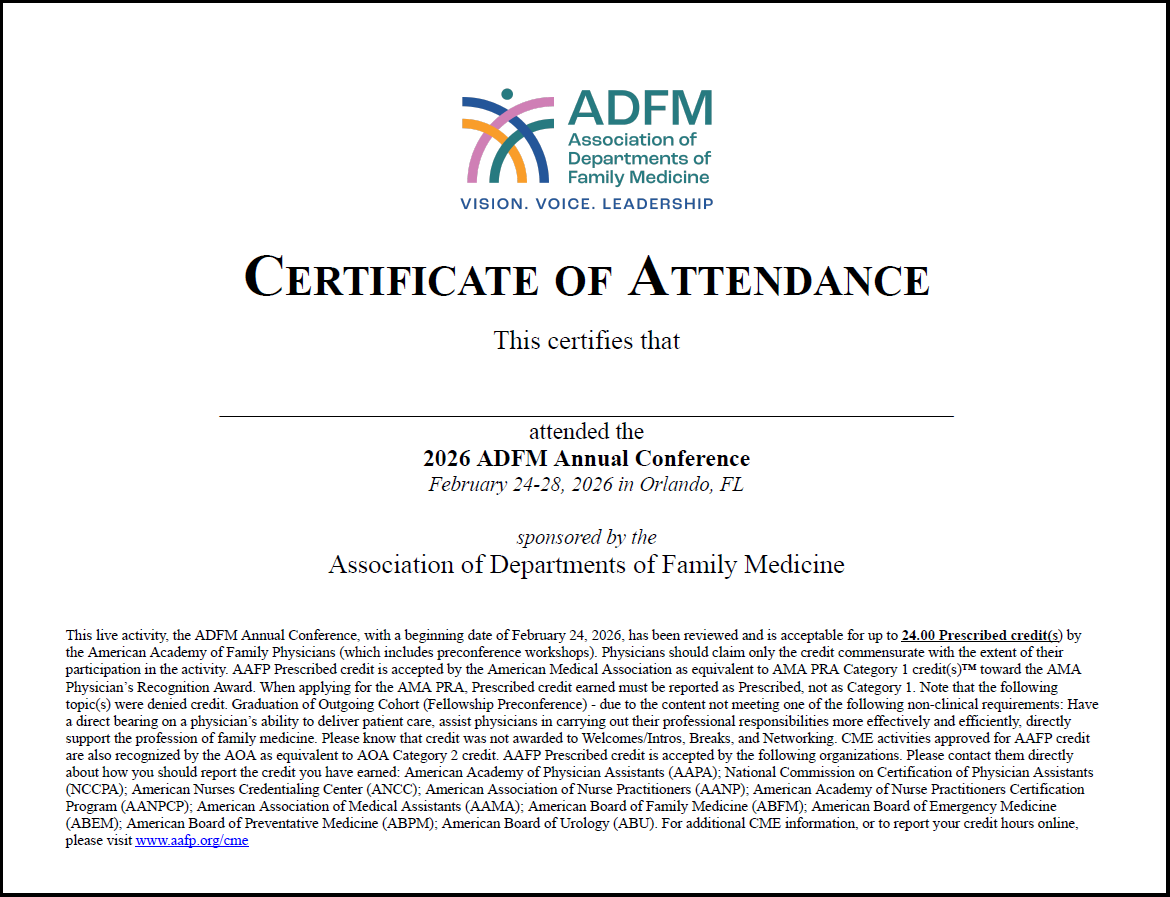 certificate of attendance for 2026 ADFM Conference